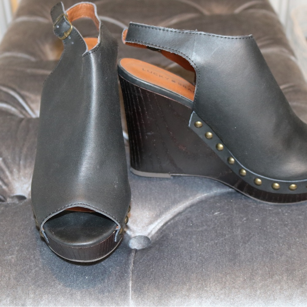 Worn once, Like new.  Lucky Brand black wedge open toe booties. Size 8.5